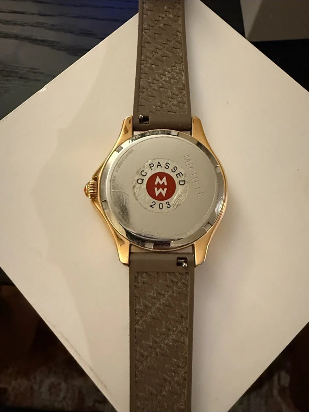 Michele Gold-Tone Watch with Taupe Bezel and Brown Leather Strap